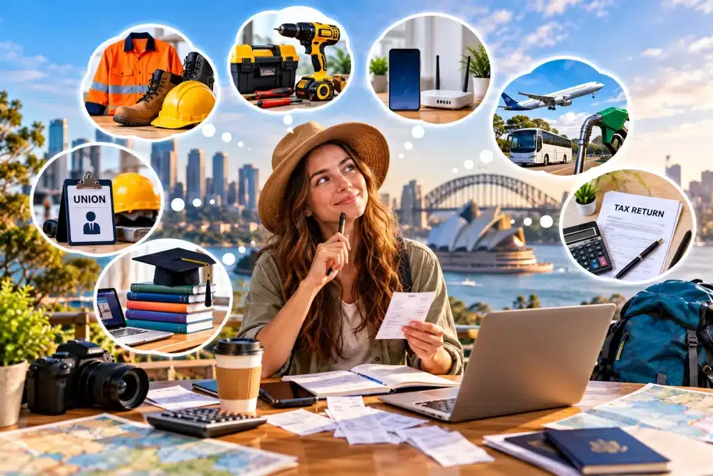 a young working holiday traveller reviewing tax documents, with visual representations of work clothing, tools, phone and internet, travel, union fees, education expenses, and tax agent fees against an Australian city backdrop.