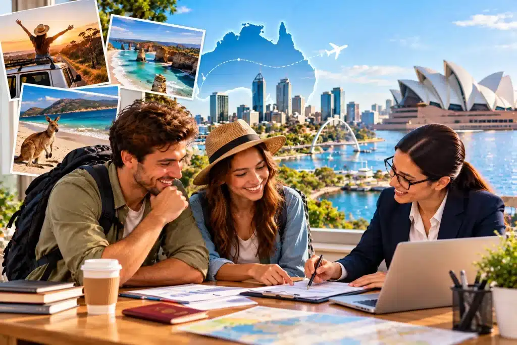 Happy working holiday travellers reviewing tax documents with a professional accountant, surrounded by Australian travel photos, a map of Australia, Sydney landmarks, a kangaroo, passports, and travel planning materials.