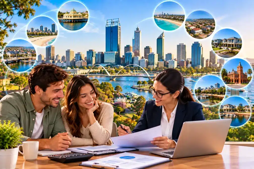 Young Perth couple meeting with a professional tax accountant, reviewing documents and a laptop, with Perth’s city skyline, waterfront, suburbs, and surrounding areas in the background.
