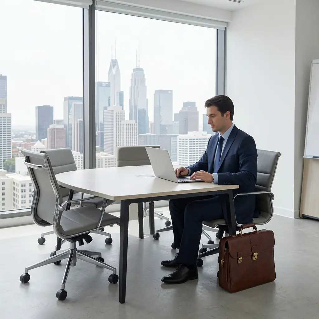 Business traveler using CBD meeting room for client meetings during interstate visit