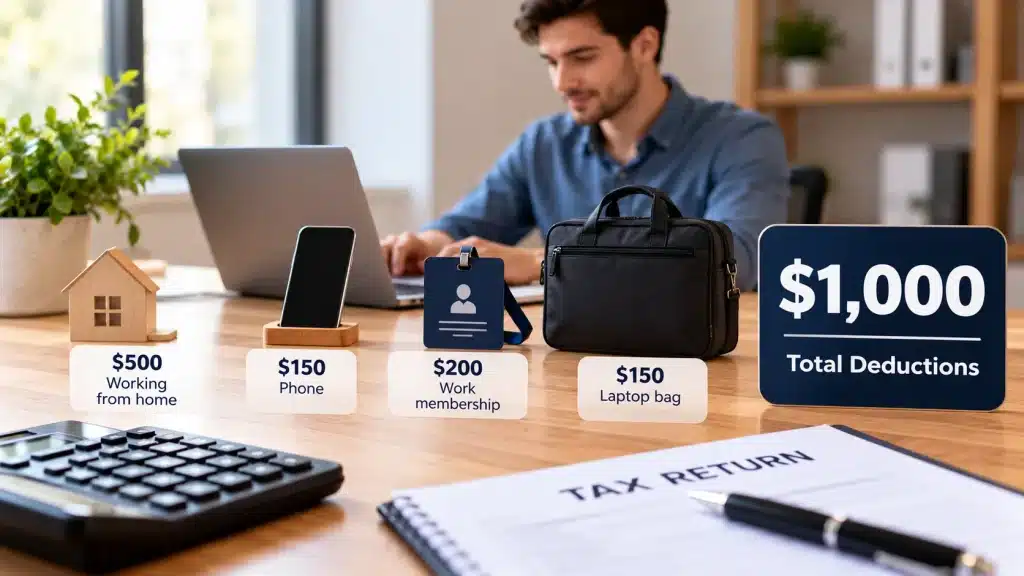 Professional tax deduction example showing a worker at a laptop with a calculator, tax documents, phone, work membership and laptop bag, illustrating $1,000 in total work-related deductions.