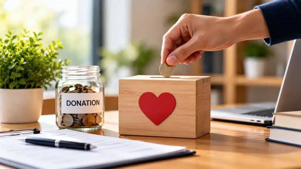 Charitable donation tax concept showing a hand placing a coin into a donation box, with a donation jar, financial documents, pen and laptop on a professional desk.