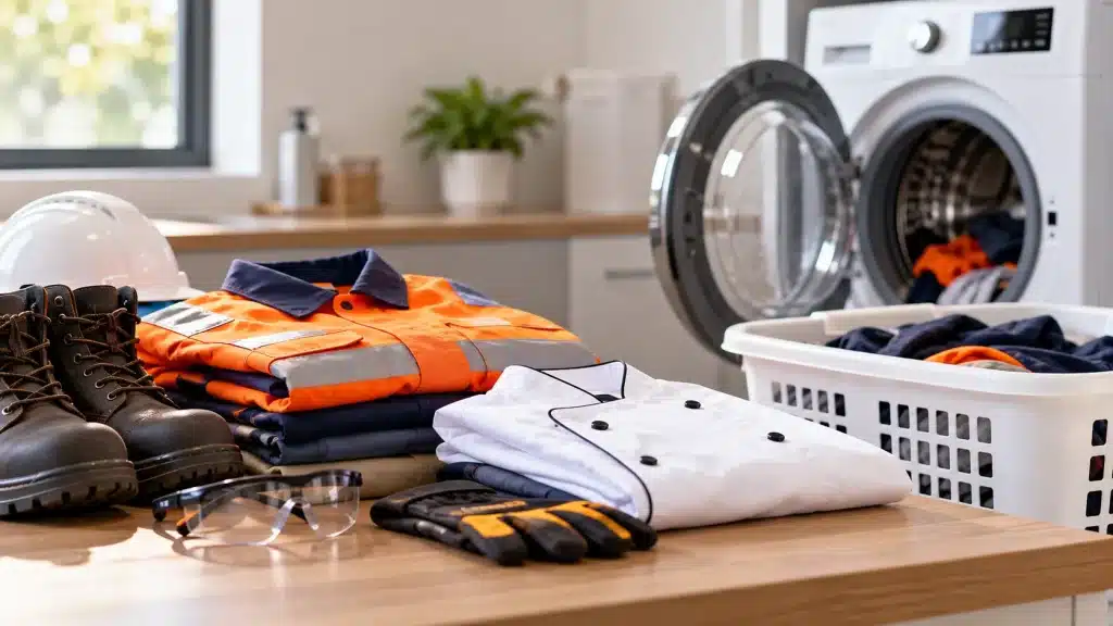 Professional tax deduction concept showing work uniforms, protective clothing, safety boots, gloves and a washing machine, representing eligible clothing and laundry expenses.
