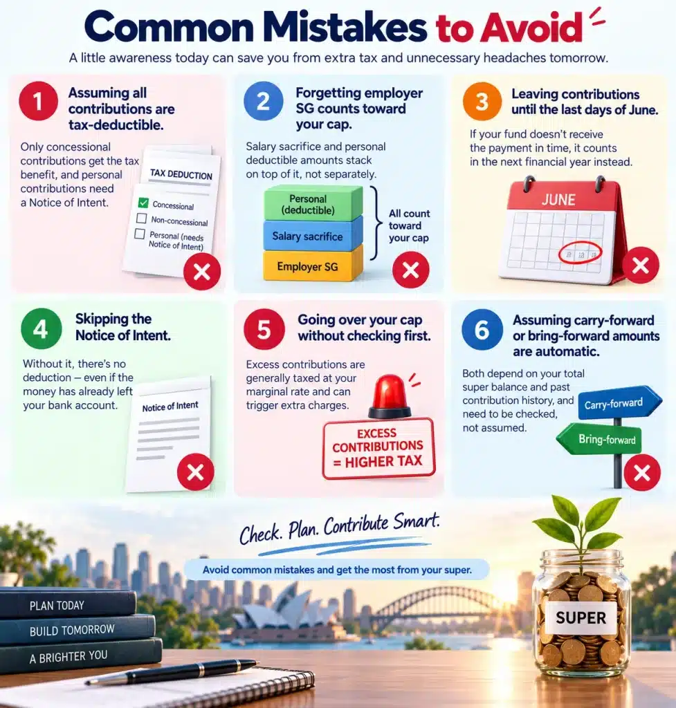 Infographic highlighting six common super contribution mistakes, including missed tax deductions, exceeding contribution caps, late payments, skipping the Notice of Intent, and misunderstanding carry-forward and bring-forward rules.
