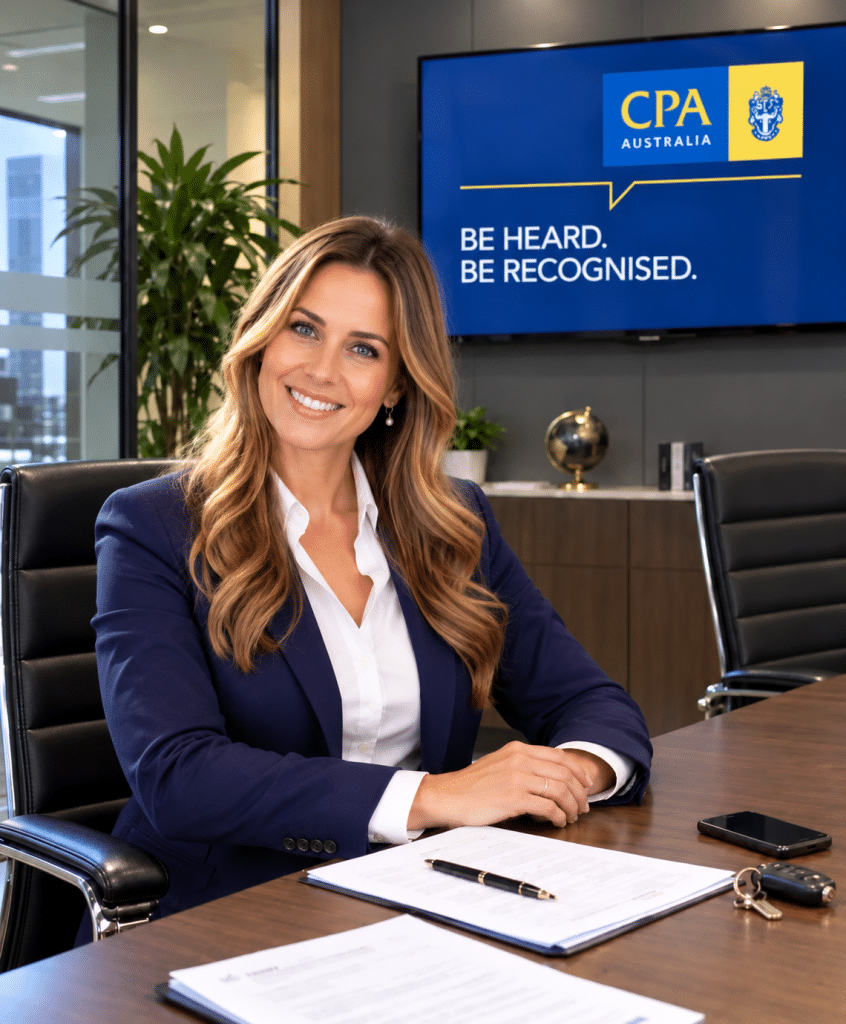 Kate from AMA Accountants seated in a professional meeting room with a CPA Australia display in the background, representing trusted accounting and tax advisory services.