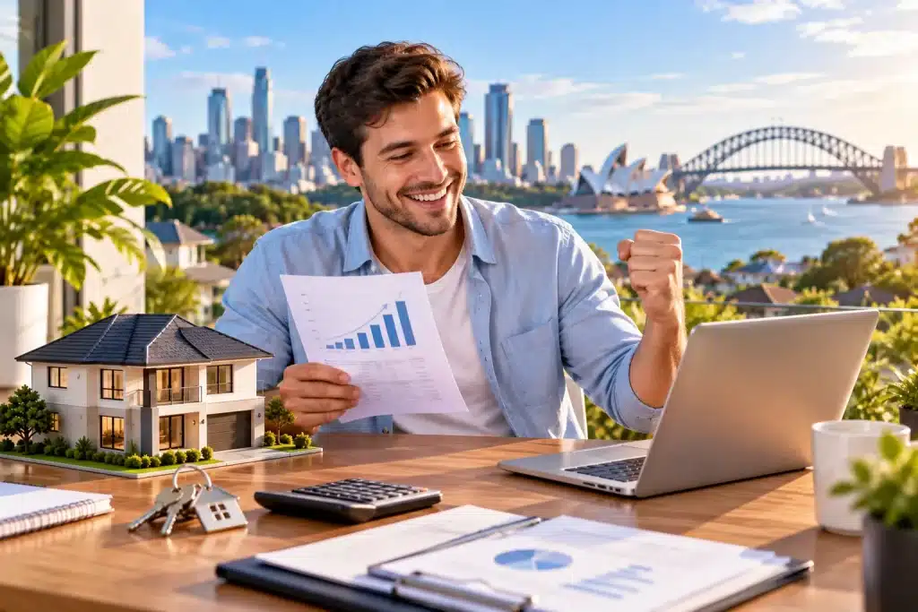 Rental property tax concept featuring a residential investment property, house keys, calculator, financial documents, coin stacks, and an Australian city skyline.