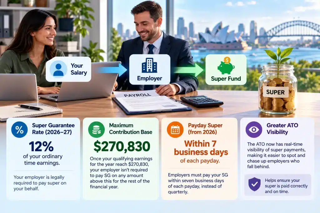 Infographic showing employer superannuation contributions flowing from salary to a super fund, with the 12% Super Guarantee rate, contribution cap, payday super timing, and ATO visibility.