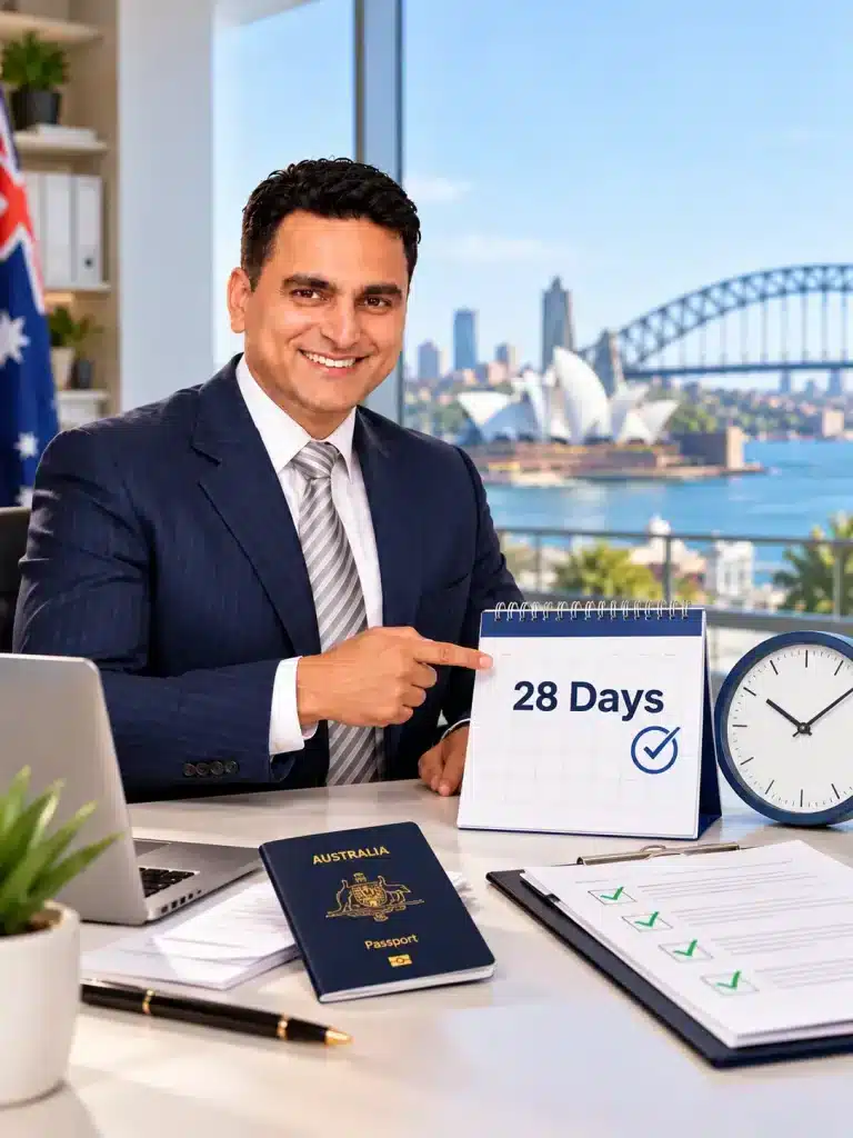 Professional accountant explaining DASP processing times with a 28-day calendar, clock, Australian passport and claim documents in an office overlooking Sydney Harbour.