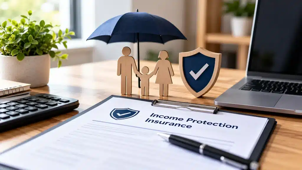 Professional income protection insurance concept showing an insurance document, shield symbol, calculator, laptop, and family figures representing financial protection if unable to work.