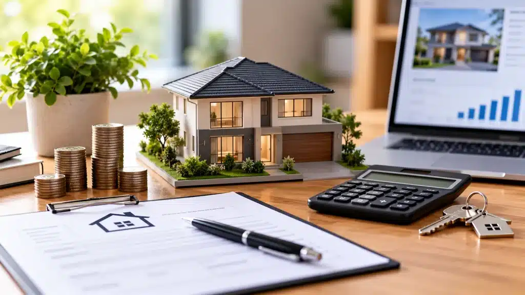 Investment property tax concept showing a residential rental property model, house keys, calculator, property documents, and stacks of coins representing rental income and deductible property expenses.