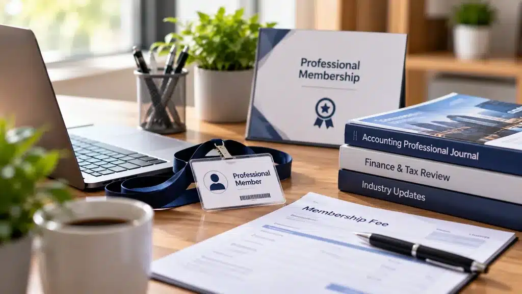 Professional tax deduction concept showing a laptop, professional membership certificate, membership card, industry journals, and a membership fee document on a modern office desk.