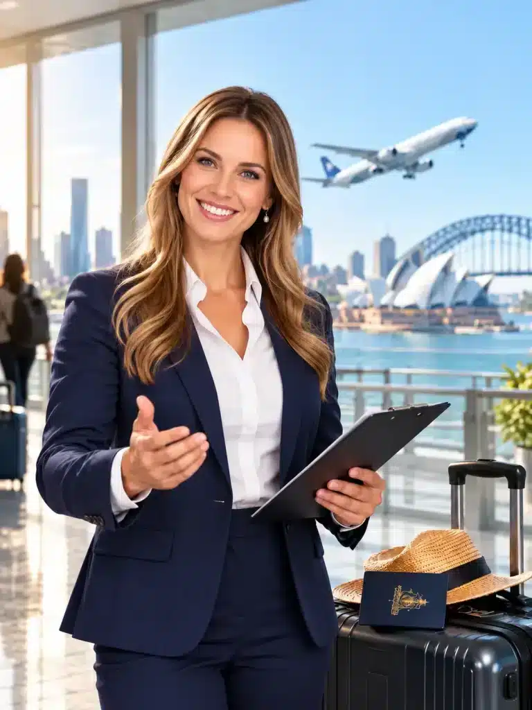 Kate from AMA Accountants in a navy business suit at an airport, with a tablet, suitcase, departing aircraft and Sydney Harbour landmarks in the background, illustrating Australian DASP and superannuation claims.