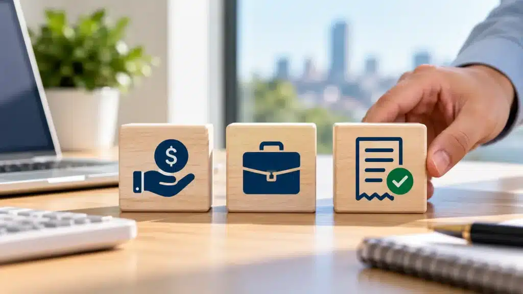Professional tax deduction concept showing three wooden blocks representing payment, work-related expenses, and proof, with a calculator, laptop, and office setting in the background.