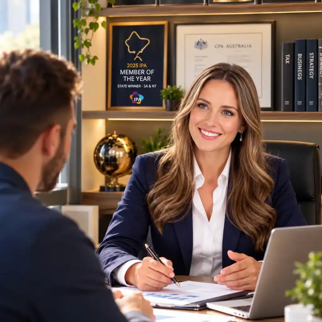Kate from AMA Accountants consulting with a client in a professional office, with the IPA Member of the Year award and CPA Australia certificate displayed in the background.