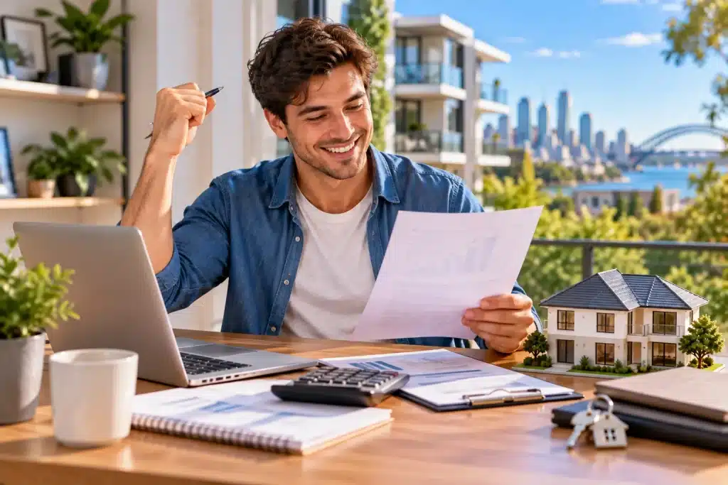 Happy young Australian property investor reviewing rental property tax documents at a desk with a house model, calculator, laptop, keys, and financial charts, with the Sydney skyline in the background.