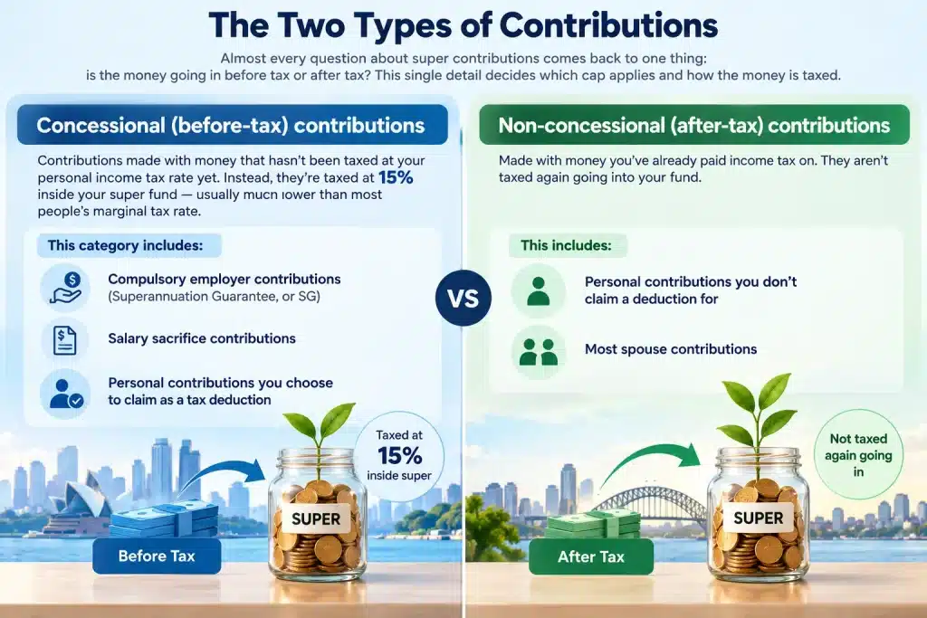 Infographic comparing concessional before-tax and non-concessional after-tax super contributions, including their tax treatment and common contribution types.