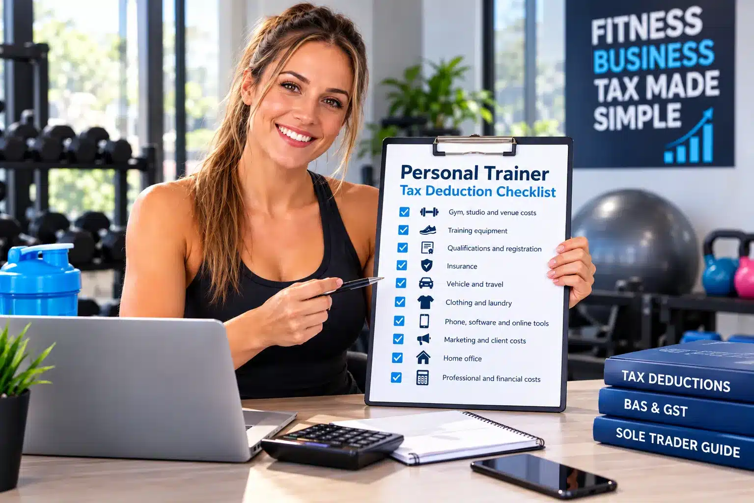 Personal trainer reviewing an Australian ABN tax deduction checklist, covering gym expenses, training equipment, insurance, vehicle travel, software and business costs